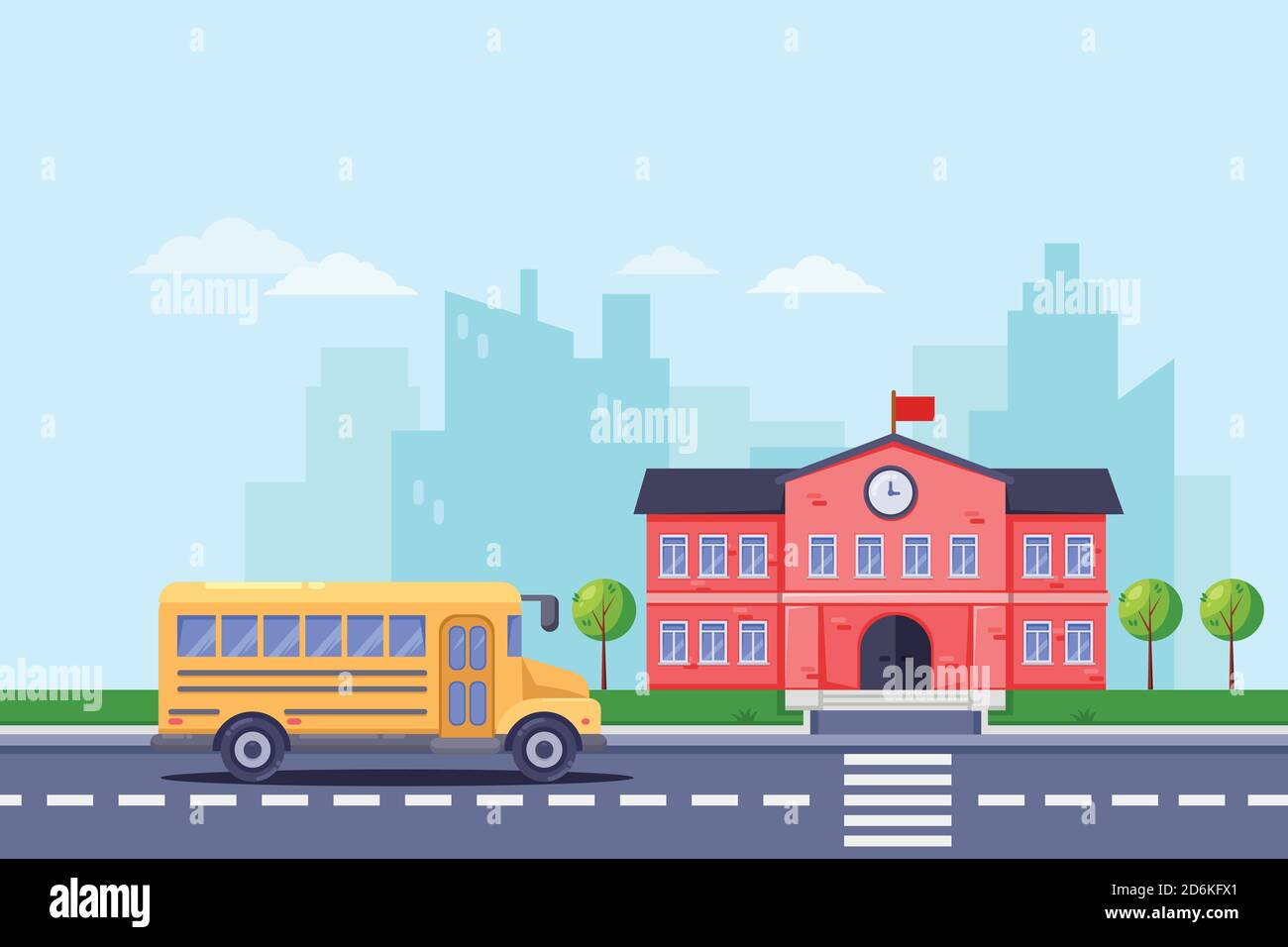 Zurück in die Schule, Vektor-flache Illustration. Schulgebäude und gelber Bus auf der Straße. Bildungshintergrund. Stock Vektor