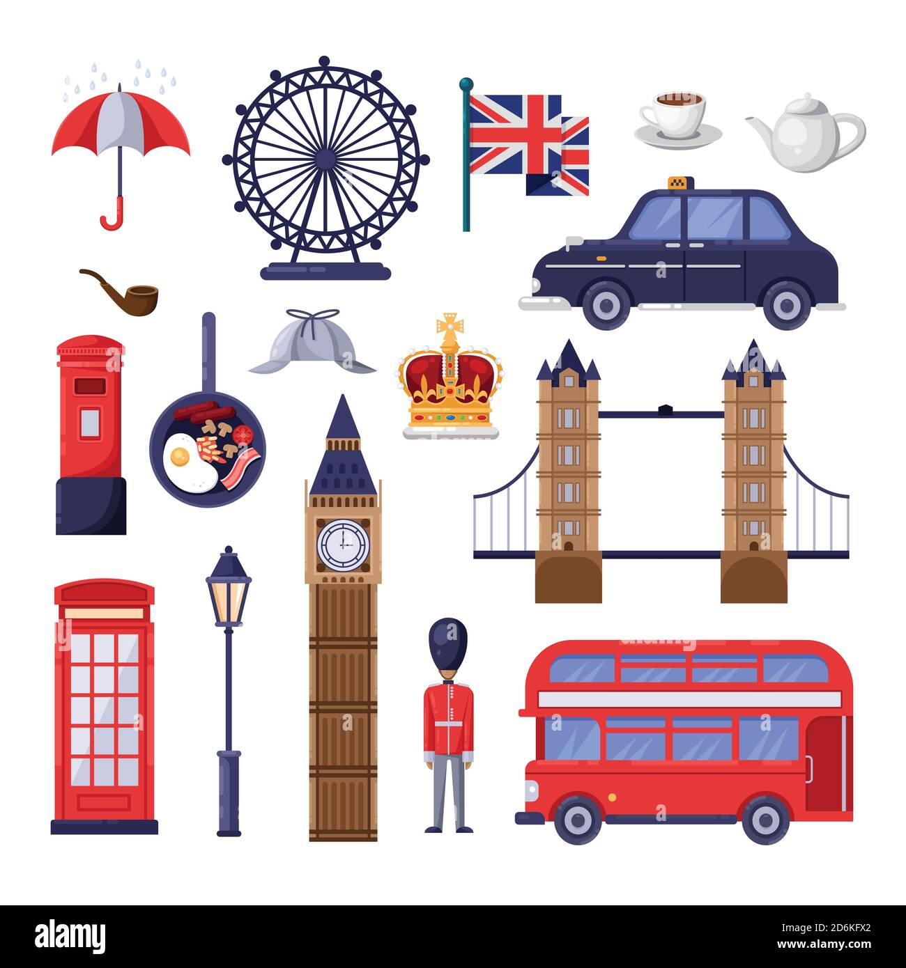Reisen Sie nach Großbritannien Designelemente. Sehenswürdigkeiten in England und London, nationale Symbole und Lebensmittel-Illustration. Vektor Cartoon isolierte Symbole s Stock Vektor