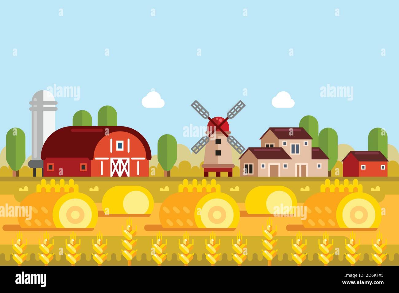 Landwirtschaft und Landwirtschaft Konzept. Vektor-flache Abbildung von Weizenfeldern, Mühle, Dorfhäuser. Ländliche Ackerland Landschaft Hintergrund. Stock Vektor
