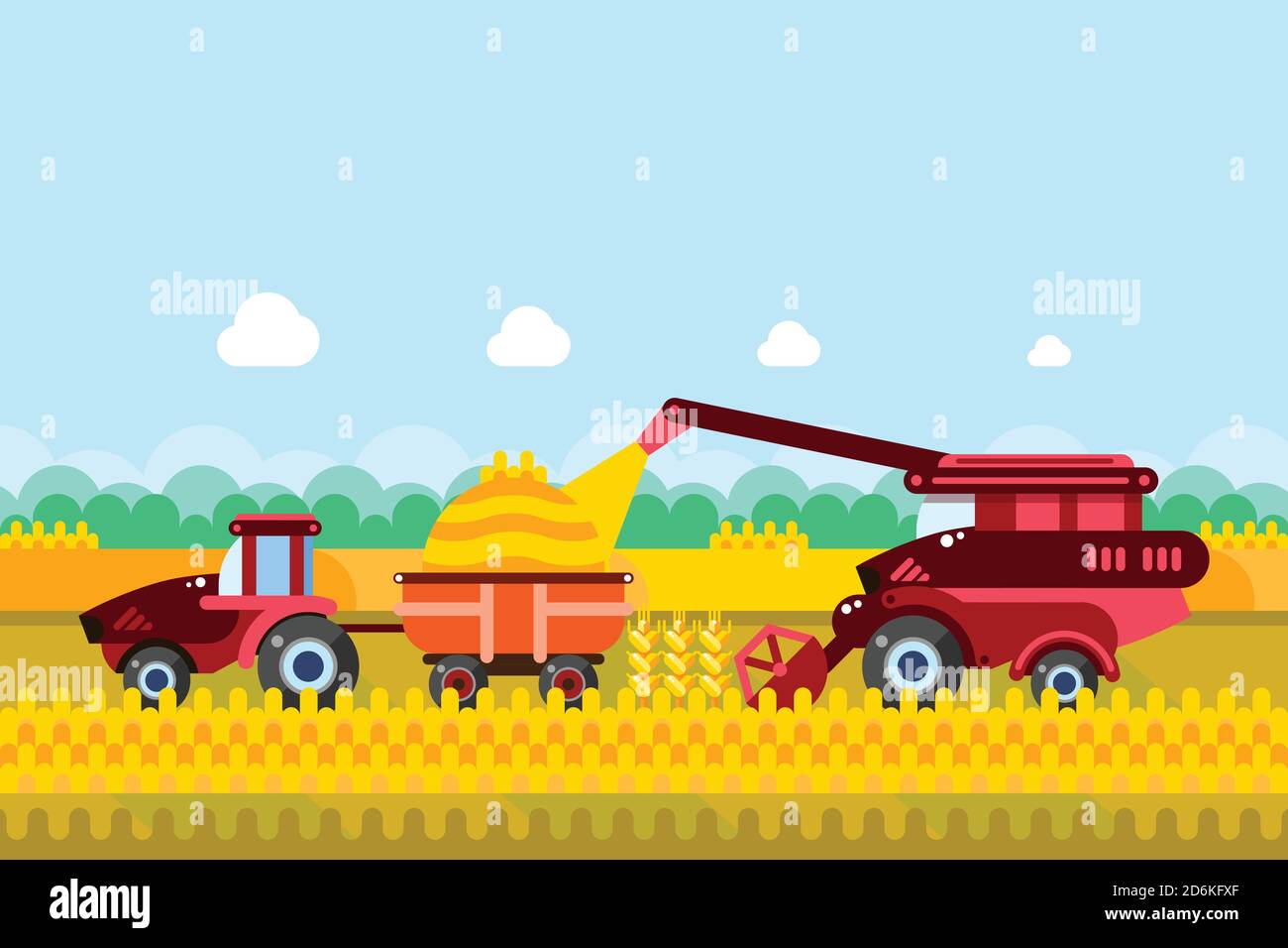 Landwirtschaft und Landwirtschaft Erntekonzept. Vektor flache Abbildung von Mähdrescher und Traktor auf Weizen oder Mais Getreidefeld. Ländliche Ackerland Landschaft BA Stock Vektor