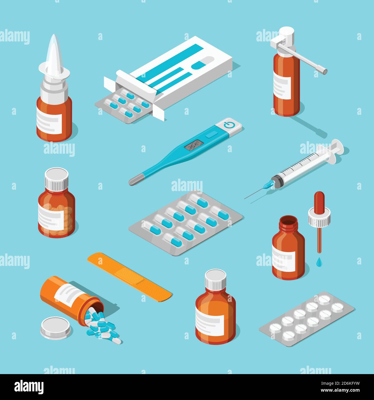 Apotheke, Medizin und Gesundheitswesen Vektor 3d isometrische Symbole gesetzt. Pillen, Drogen, Flaschen flache Illustration. Stock Vektor
