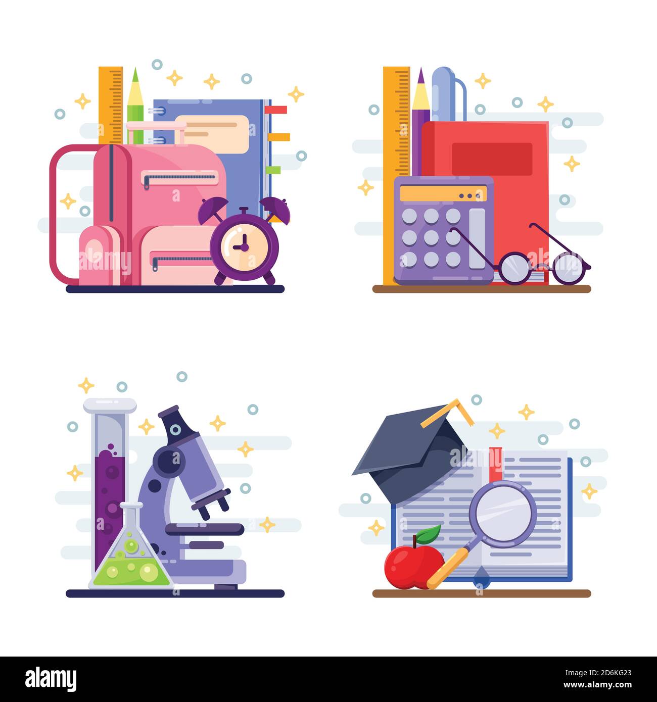 Zurück zur Schule Vektor abstrakte flache Illustration. Symbole für Bildung und Studium, Etiketten, Aufkleber und Designelemente. Stock Vektor