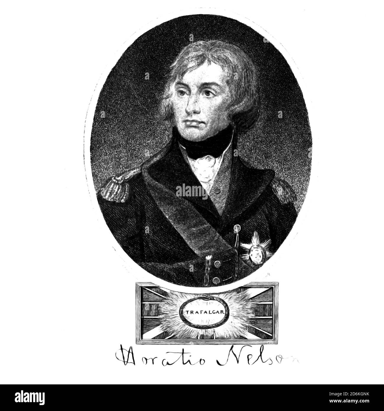 Vizeadmiral Horatio Nelson, 1. Viscount Nelson, 1. Herzog von Bronté, KB (29. September 1758 – 21. Oktober 1805), auch einfach als Admiral Nelson bekannt, war ein britischer Flaggenoffizier in der Royal Navy. Seine inspirierende Führung, sein strategisches Gespür und seine unkonventionelle Taktik brachten eine Reihe entscheidender britischer Seesiege, insbesondere während der Napoleonischen Kriege. Er wurde im Kampf verwundet, verlor mit 35 Jahren auf Korsika mit einem Auge den Blick, während er mit 40 Jahren Santa Cruz de Tenerife nicht erobern konnte. Er wurde während seines Sieges im Battl tödlich erschossen Stockfoto