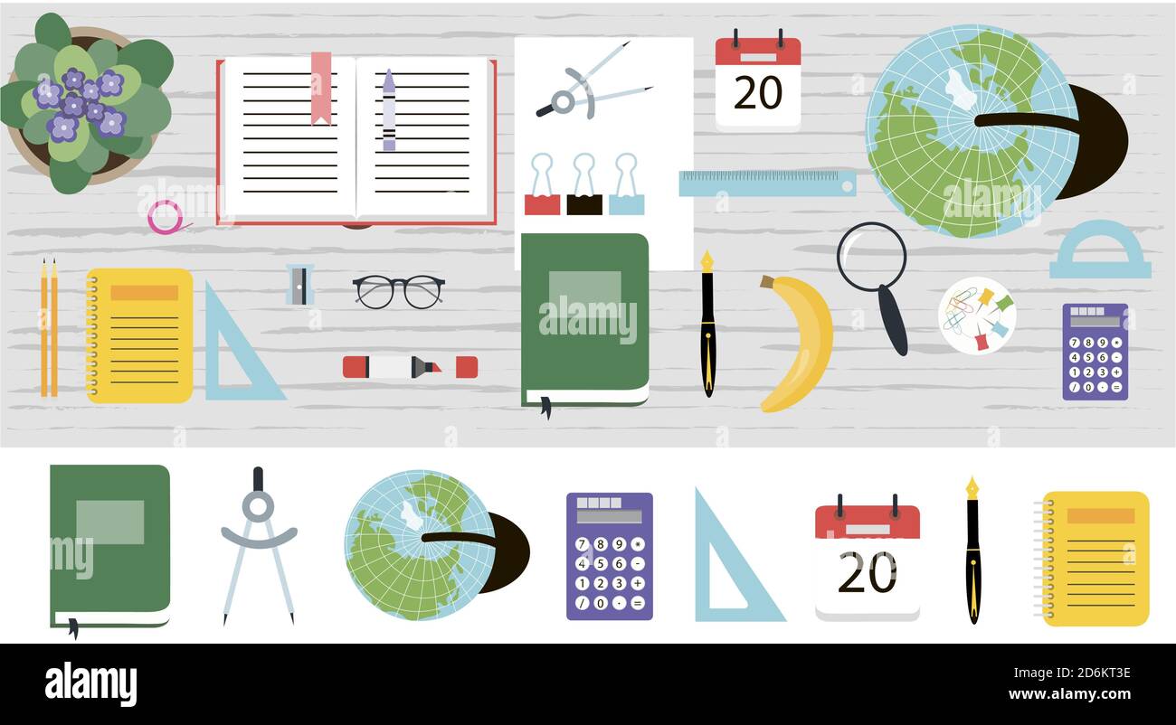 Draufsicht auf einen Arbeitstisch aus Holz mit Schreibwaren. Flache Vektordarstellung eines Arbeitsraumes für einen Schuljungen, Studenten oder Büroangestellte. Eine Reihe von isolierten Artikel Bücher, Notizbücher, Marker, Stifte, Ordner, Farben, Scheren, Büroklammern, Paletten, Gläser, Lineale. Banner für eine Web-, Anzeige- oder App. Stock Vektor