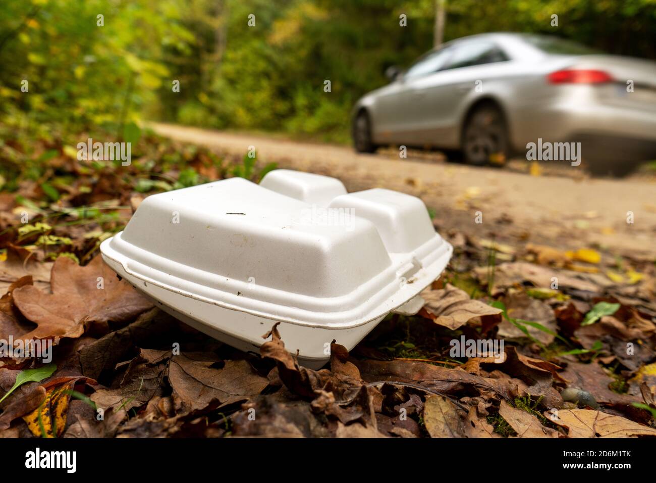 Alte Einweg-Plastikteller, Box im Wald neben der Straße mit Auto im Hintergrund. Plastik Recycling, Verschmutzung und globale Erwärmung Thema. Stockfoto