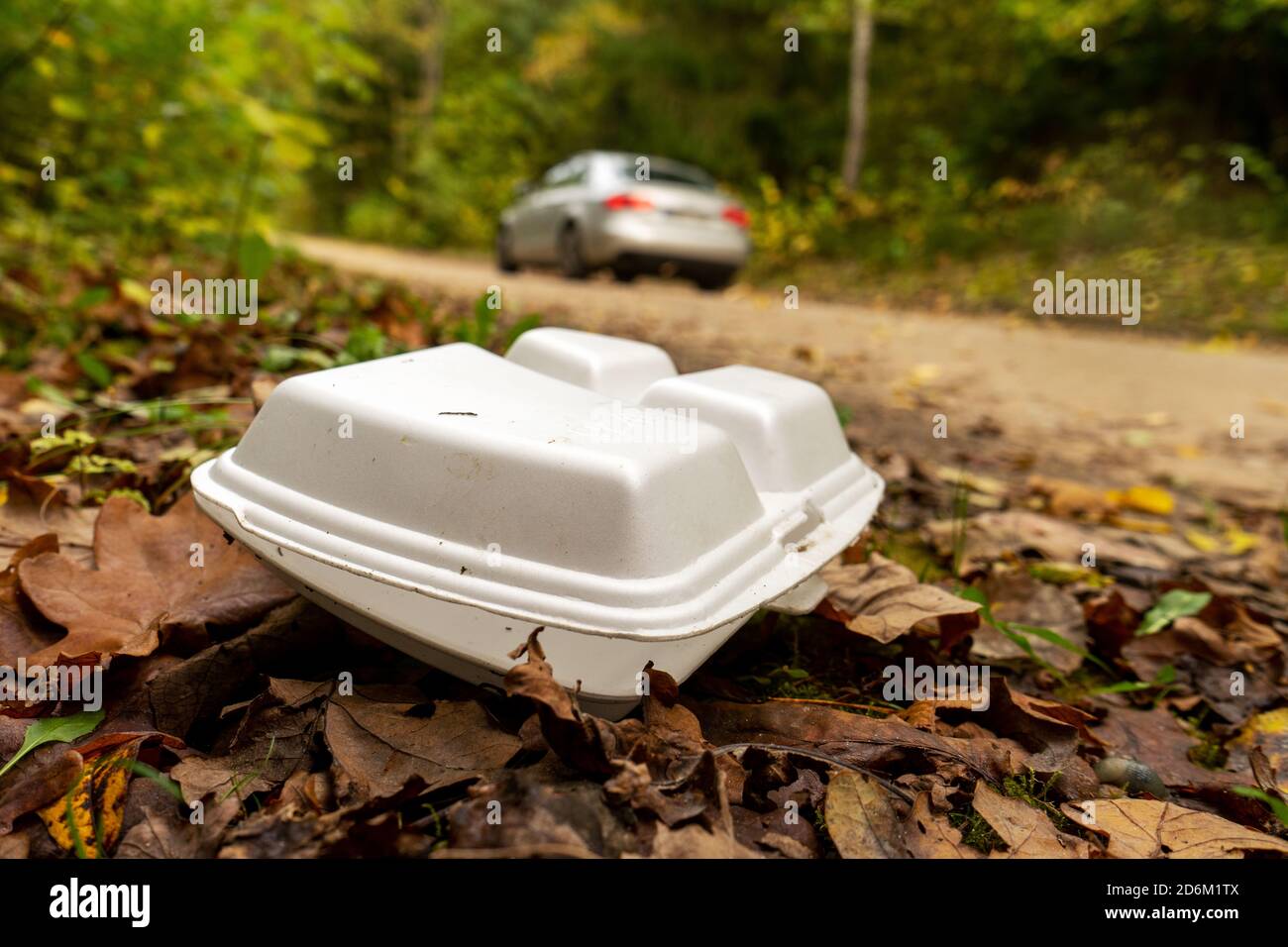 Alte Einweg-Plastikteller, Box im Wald neben der Straße mit Auto im Hintergrund. Plastik Recycling, Verschmutzung und globale Erwärmung Thema Stockfotografie
