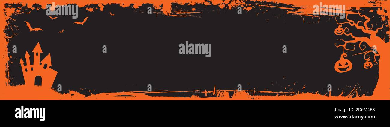 Der Vektor Halloween Web Banner Billboard Größe orange grungy Grenze Vorlage Hintergrund mit Fledermäusen, Kürbis und Schloss Haus Stock Vektor