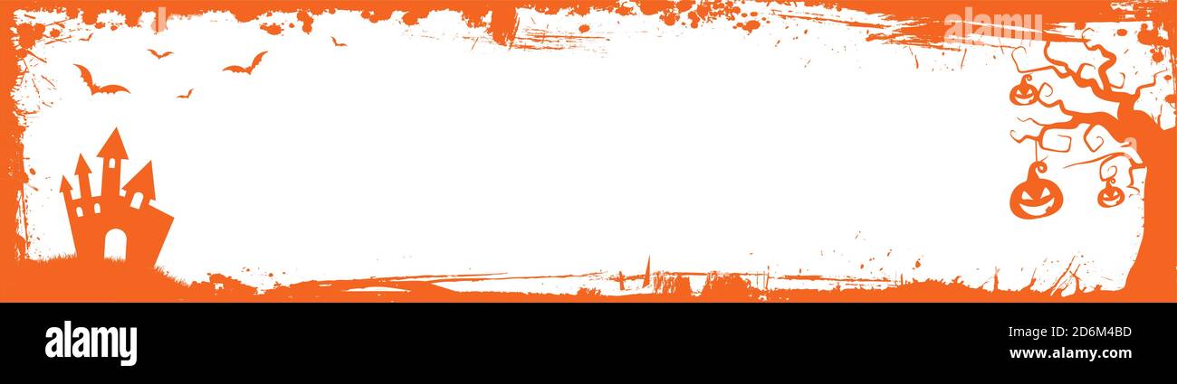 Der Vektor Halloween Web Banner Billboard Größe orange grungy Grenze Vorlage Hintergrund mit Fledermäusen, Kürbis und Schloss Haus Stock Vektor