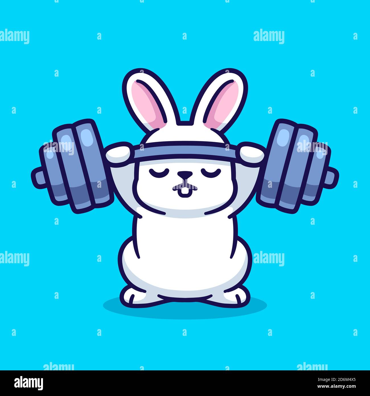 Gym Bunny, niedlichen Cartoon weißen Kaninchen Hantelhantel heben. Lustige Fitness und Übung Zeichnung, Vektor Clip Art Illustration. Stock Vektor