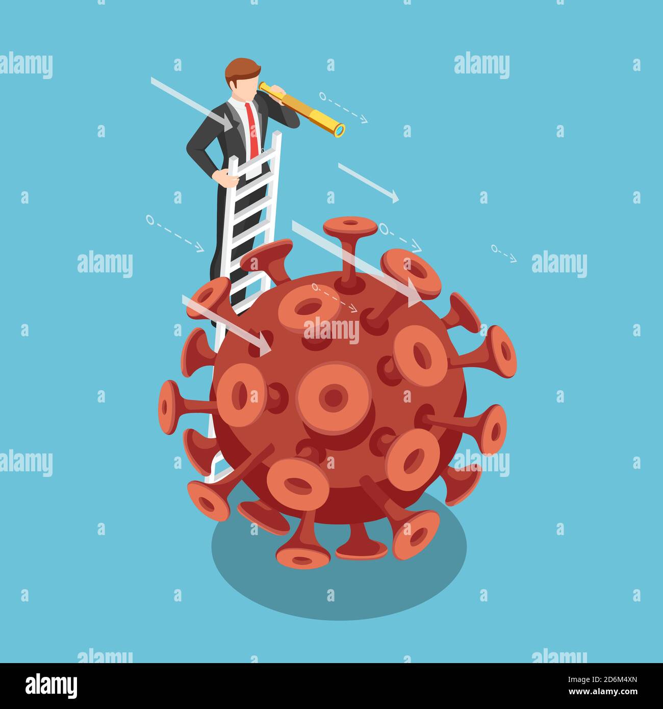 Flat 3d Isometric Geschäftsmann mit Teleskop auf der Leiter freuen uns über Covid-19 Virus. Business Vision Nach Covid-19 Virus Situationskonzept Stock Vektor