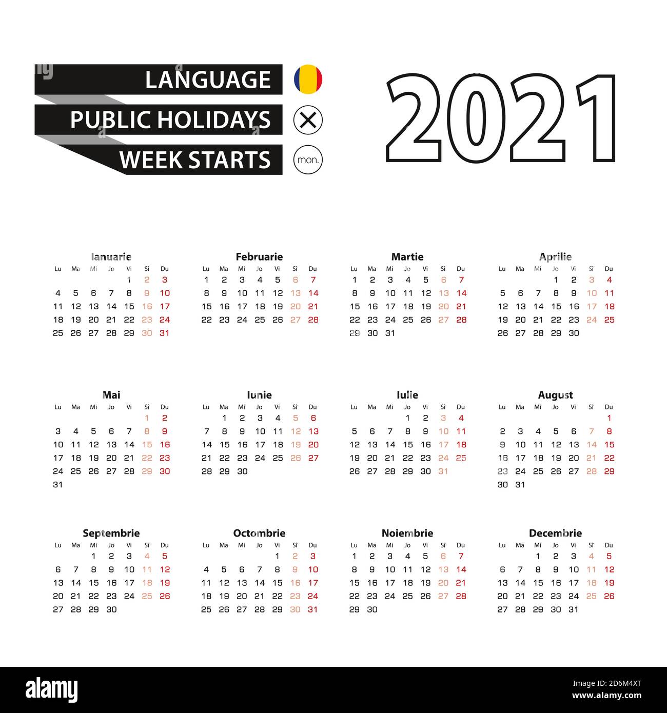 Kalender 2021 in rumänischer Sprache, die Woche beginnt am Montag. Vector Kalender  2021 Jahr Stock-Vektorgrafik - Alamy