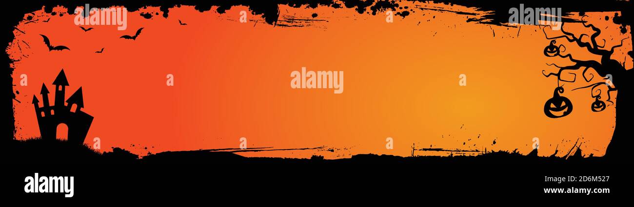 Der Vektor Halloween Web Banner Billboard Größe orange grungy Grenze Vorlage Hintergrund mit Fledermäusen, Kürbis und Schloss Haus Stock Vektor