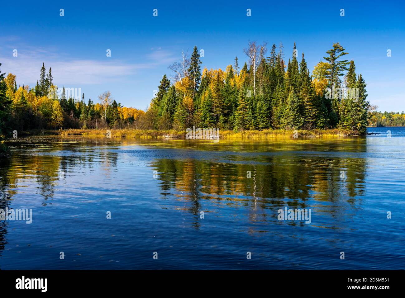 Herbstfärbung und Reflexionen in einem kleinen See im Quetico Provincial Park, Ontario, Kanada. Stockfoto