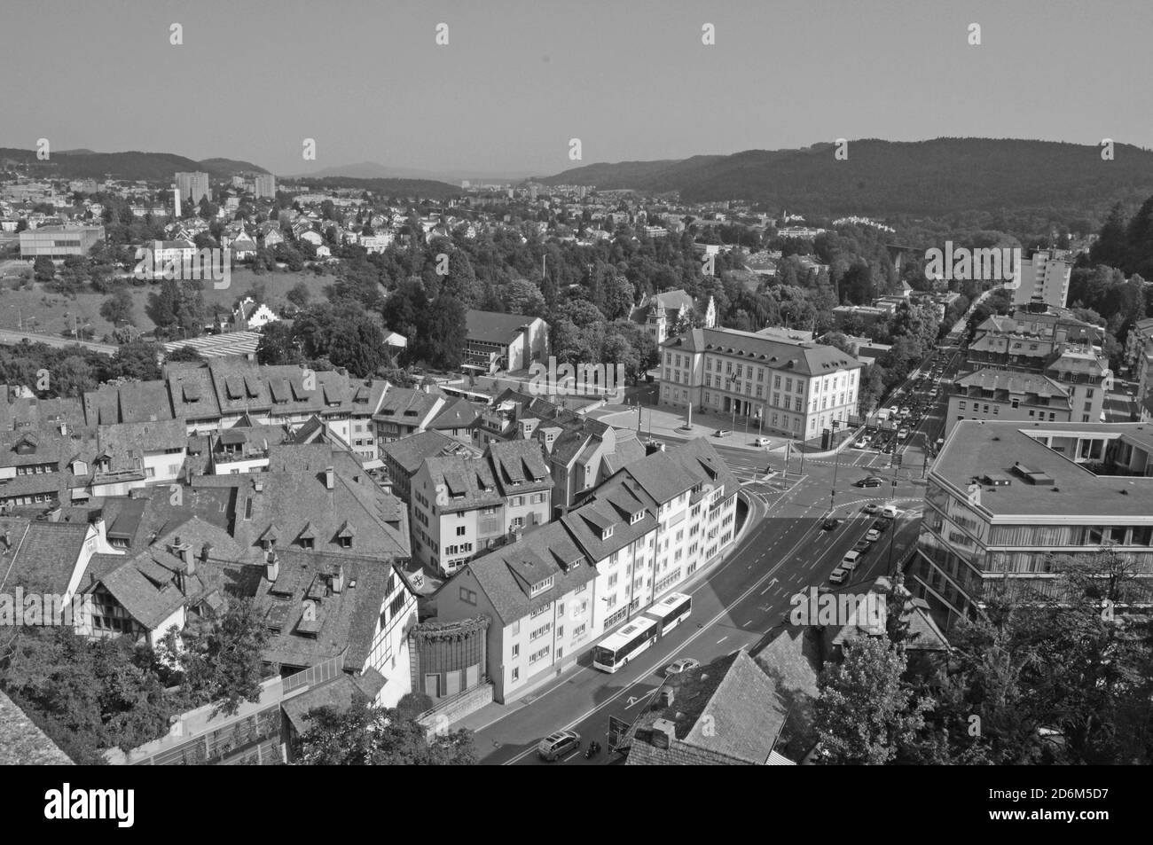 Baden-Stadt: Blick vom historischen Schloss auf die Stadt im Kanton Aargau Richtung Wettingen und Zürich Stockfoto