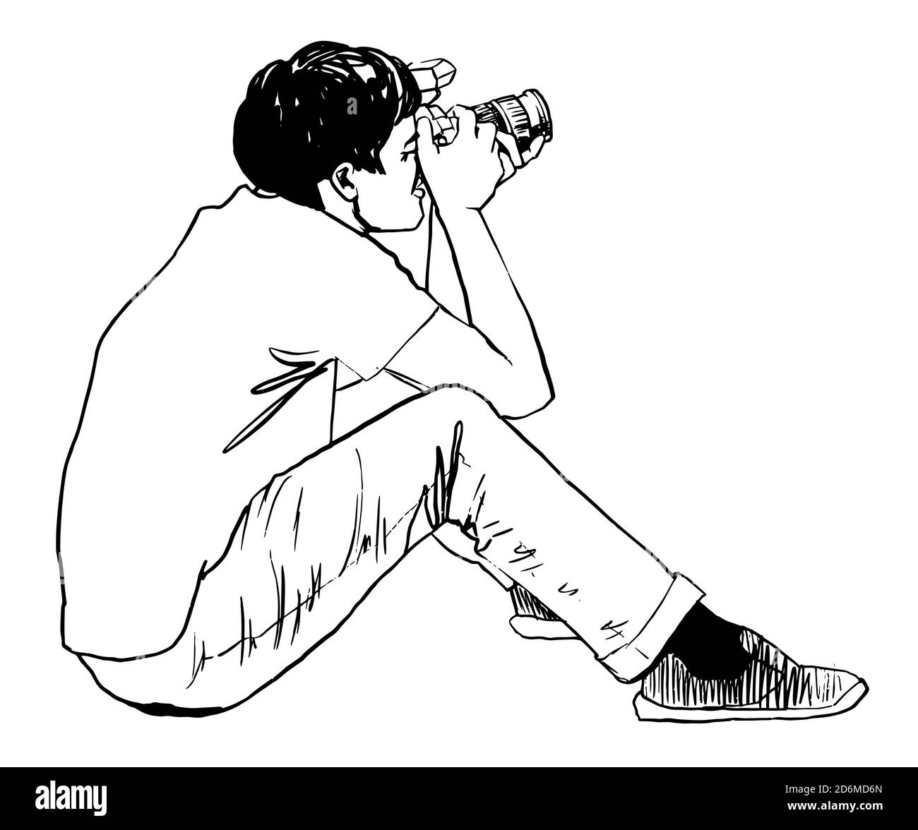 Skizze Fotograf mit Kamera nimmt Bild auf dem Boden sitzend. Vektor handgezeichnete Skizze Illustration Isolieren auf weißem Hintergrund Stock Vektor