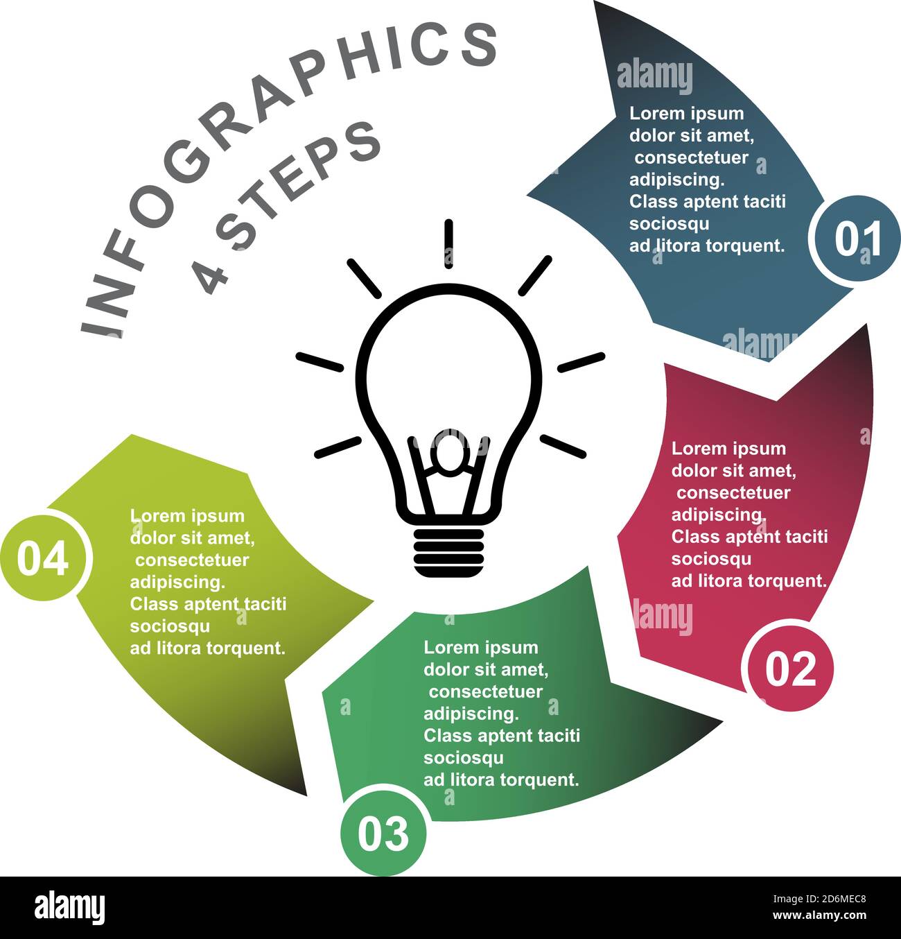 4-Schritt-Vektor-Element in vier Farben mit Etiketten, Infografik-Diagramm. Business-Konzept von 4 Schritten oder Optionen mit Glühbirne . Stock Vektor