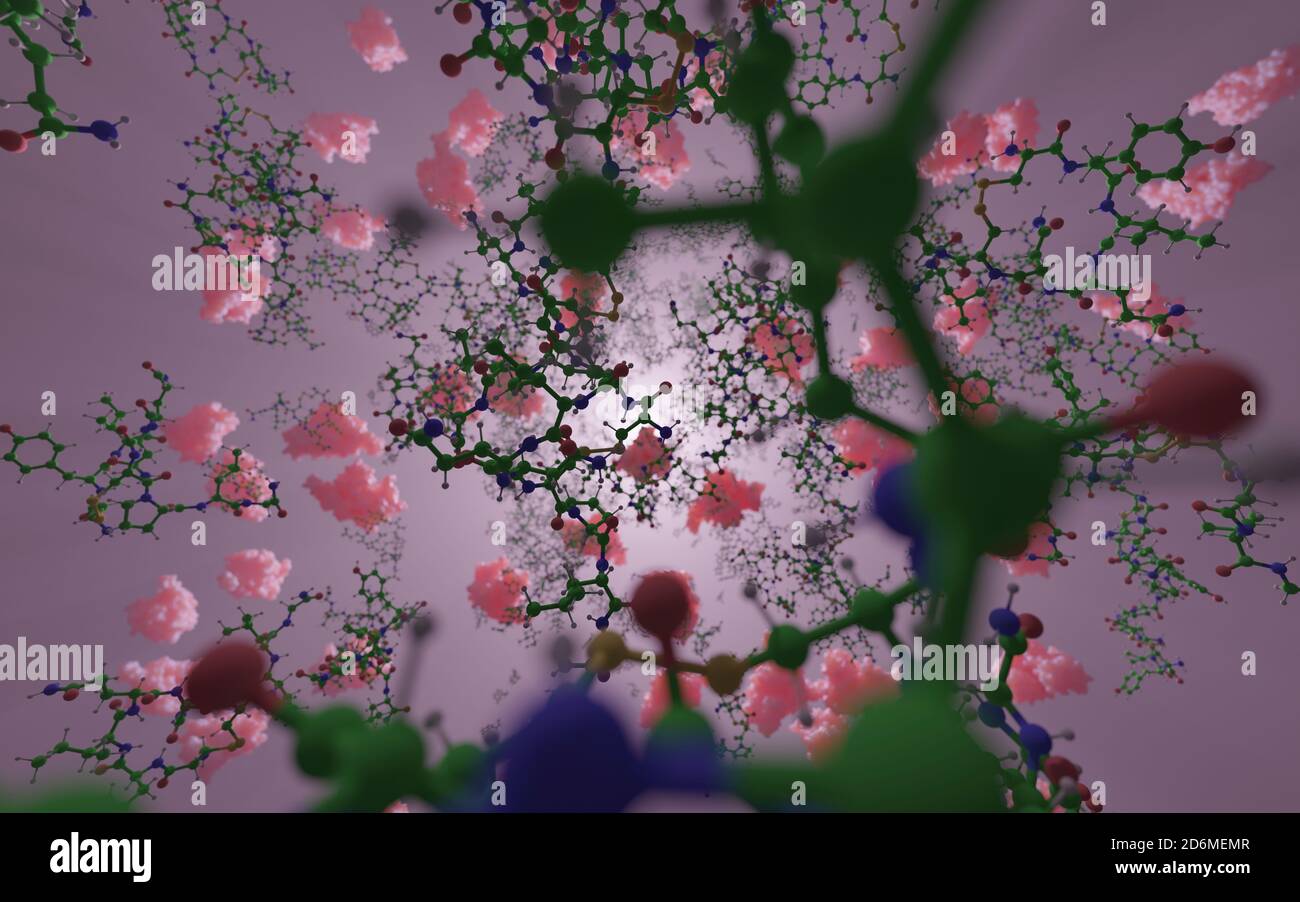 Eine Mischung aus kleinen Biomolekülen und großen Makromolekülen (Proteinen). In der Biochemie des Lebens sind Tausende von verschiedenen Molekülen involviert. Stockfoto