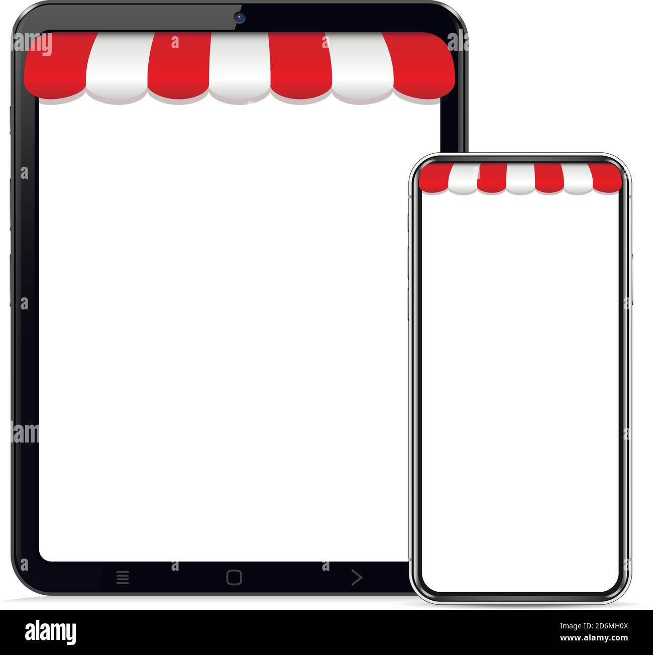Realistisches Tablet und Smartphone mit Markise für Webdesign, Banner, mobile App, Landing Page. Concept Shopping Online. Markisen im Freien. Stock Vektor