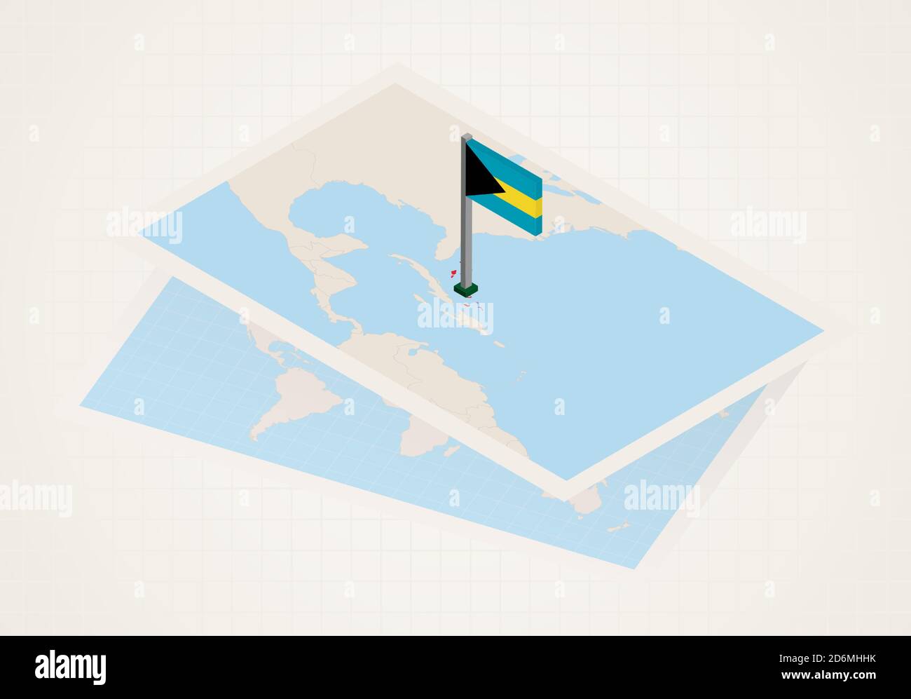 Die Bahamas auf der Karte mit isometrischer Flagge der Bahamas ausgewählt. Vektor-Papierkarte. Stock Vektor