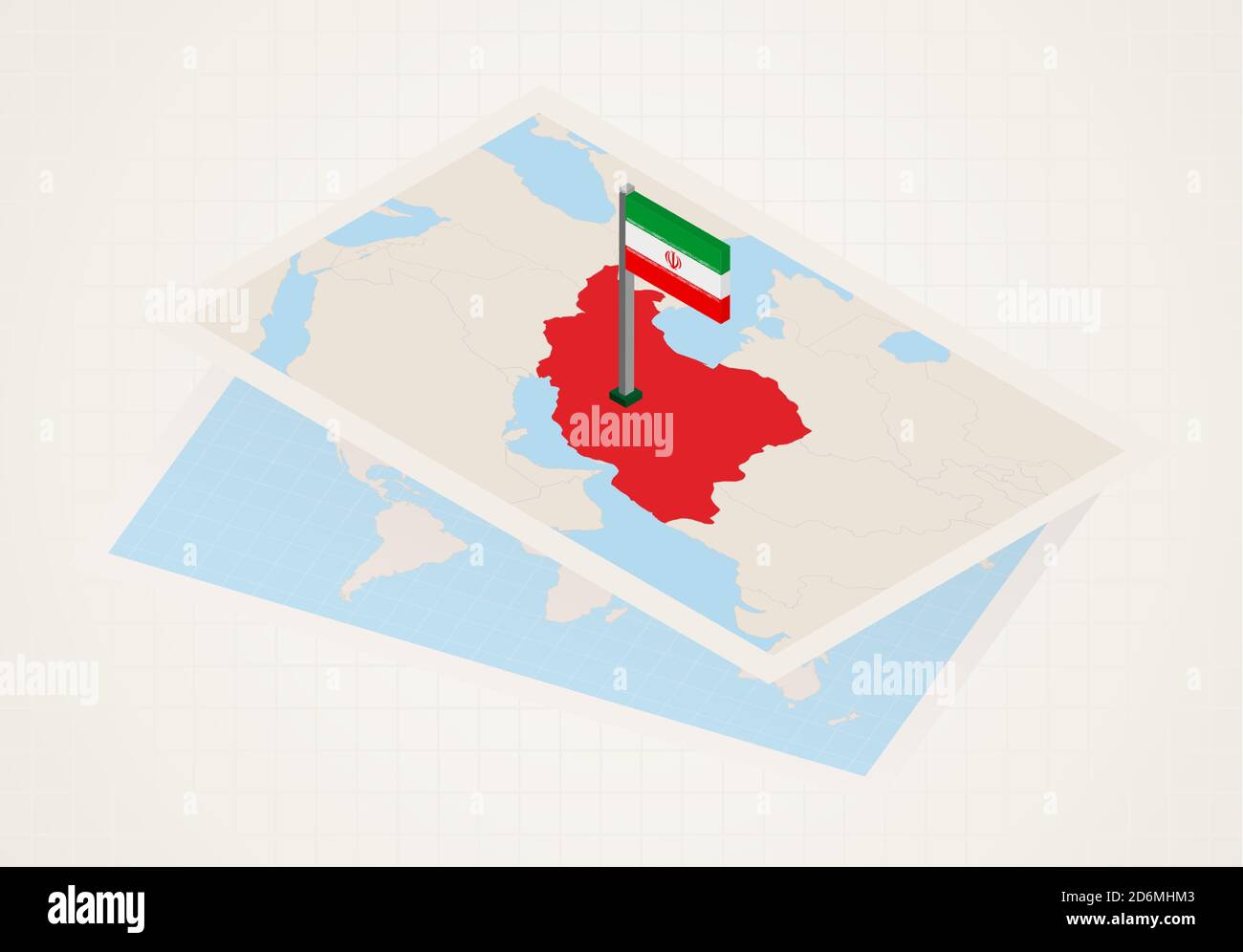 Iran auf der Karte mit isometrischer Flagge des Iran ausgewählt. Vektor-Papierkarte. Stock Vektor