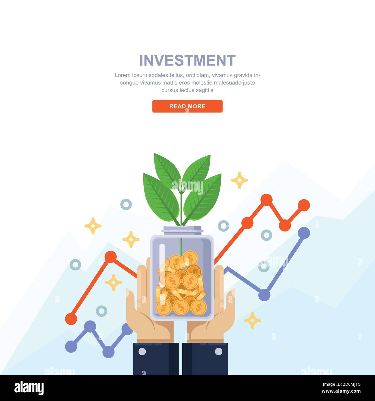 Business-Konzept für Investitionen und Finanzwachstum. Hand hält klare Flasche mit Münzen und grünen Baum. Vektor flach isolierte Illustration. Stock Vektor
