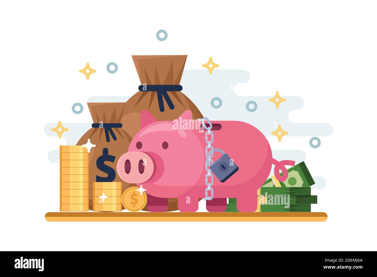 Einsparung und Schutz Geldeinlage. Vektor flache Abbildung von Sparschwein mit Vorhängeschloss. Konzept der finanziellen Sicherheit. Stock Vektor