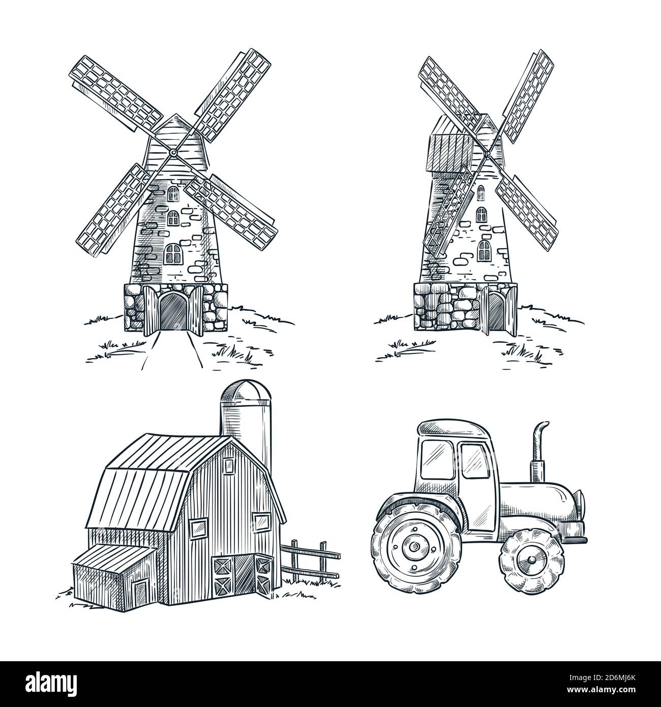 Abbildung der Vektorgrafik für Mühle, Scheune und Traktor. Landwirtschaft und Ernte handgezeichnete Designelemente. Stock Vektor