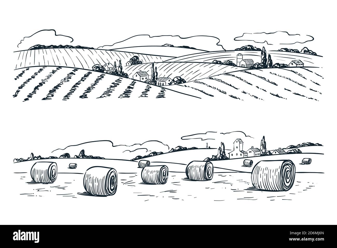 Ackerland Landschaft, Vektor Skizze Illustration. Landwirtschaft und Ernte Jahrgang Hintergrund. Blick auf die ländliche Natur. Stock Vektor