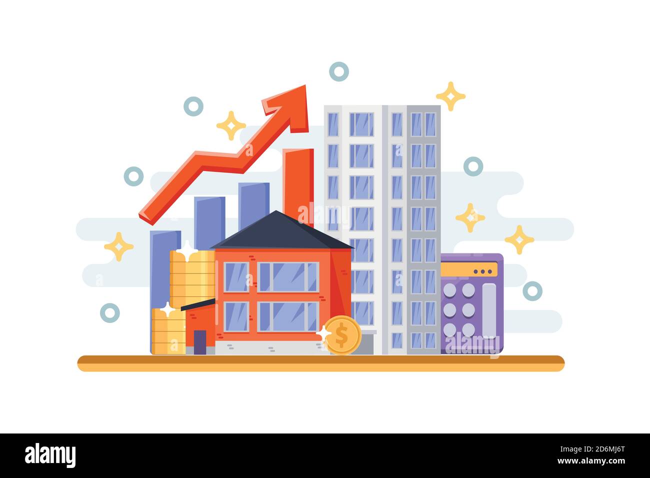 Immobilieninvestition und Hypothek Geschäftskonzept. Immobilien, Häuschen und Wolkenkratzer. Vektor flach isolierte Illustration. Stock Vektor