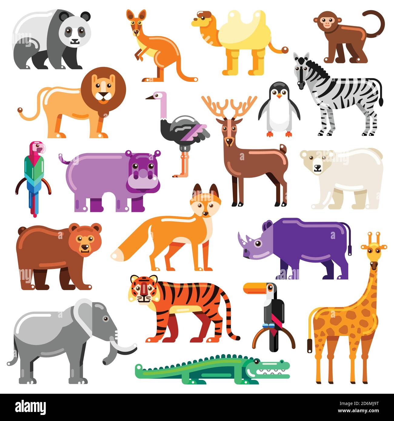 Tierset im Zoo. Vektorgrafik flach. Nette bunte Zeichen auf weißem Hintergrund isoliert. Stock Vektor