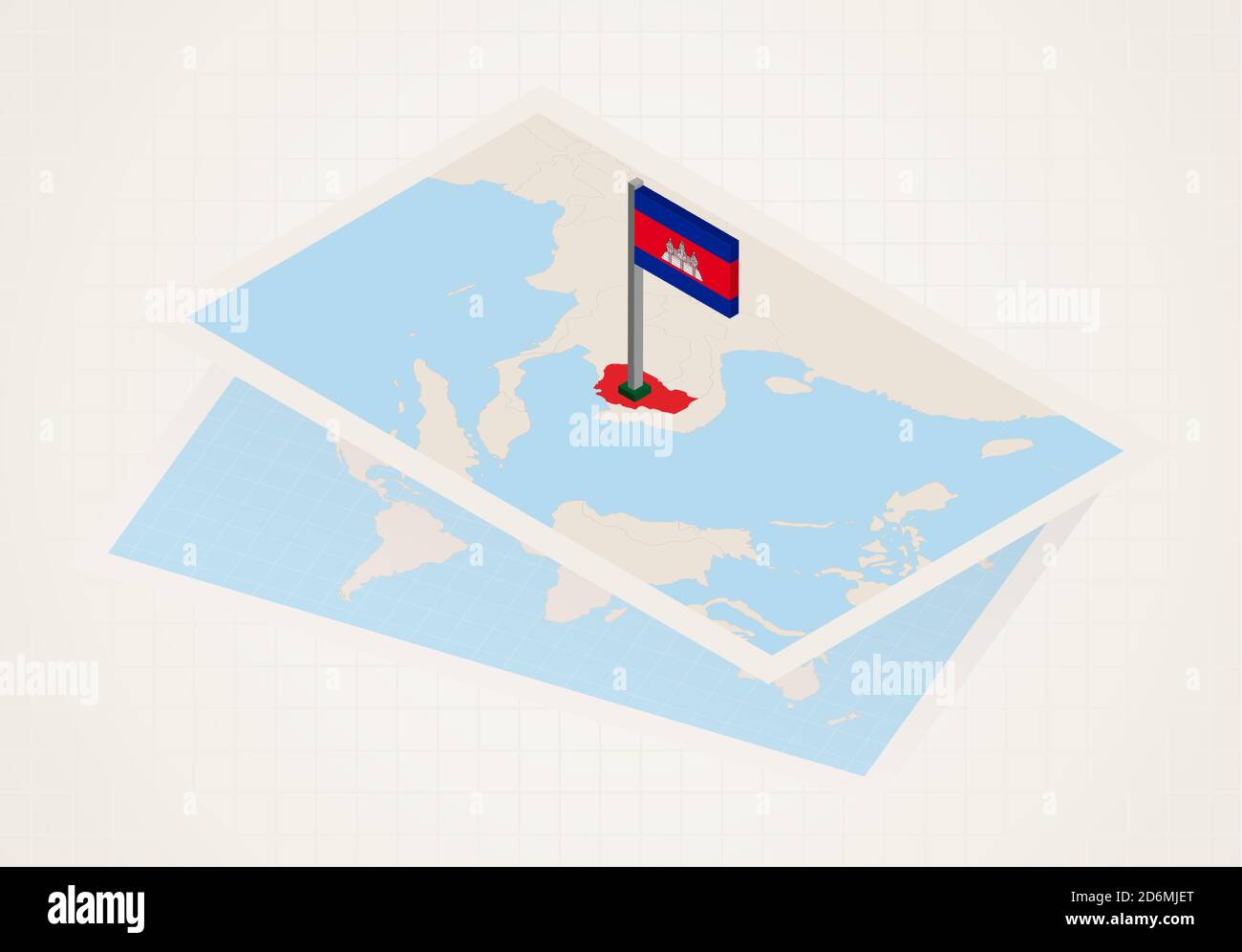 Kambodscha auf der Karte mit isometrischer Flagge von Kambodscha ausgewählt. Vektor-Papierkarte. Stock Vektor