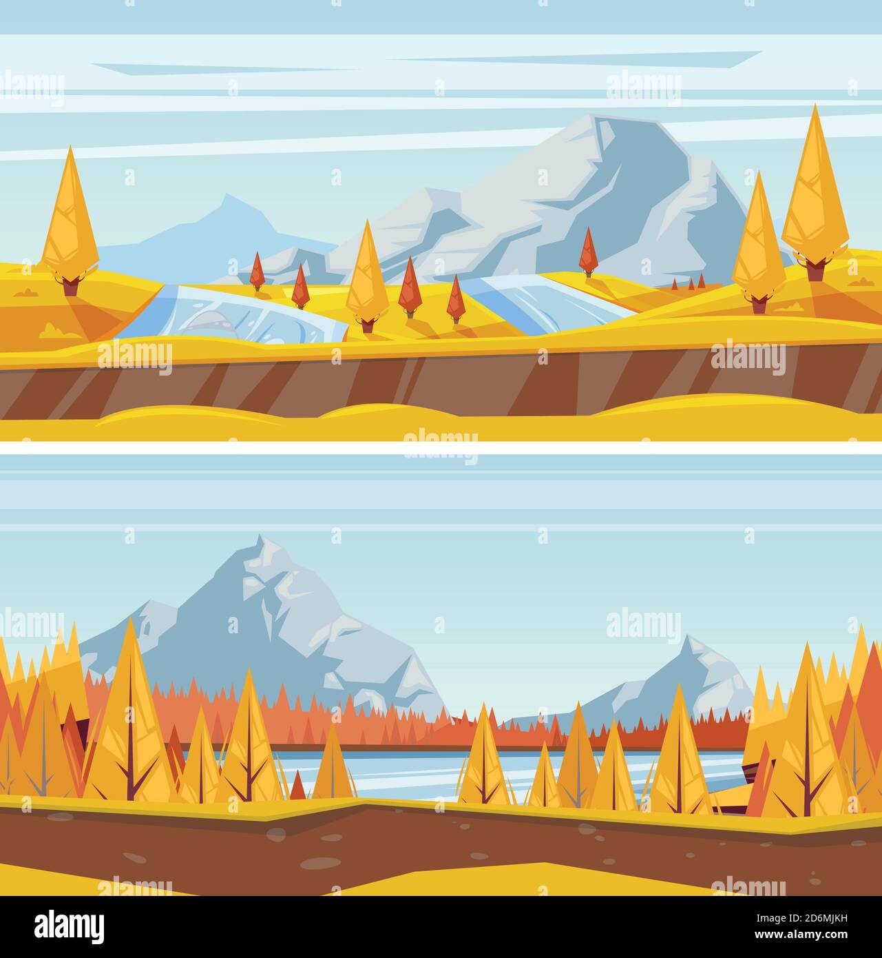 Bergweg, Herbstlandschaft Hintergrund. Vektor Herbst Saison Illustration von Straße, Hügel, gelbe Wiesen, See und Fluss. Reisen, Wandern im Freien Co Stock Vektor