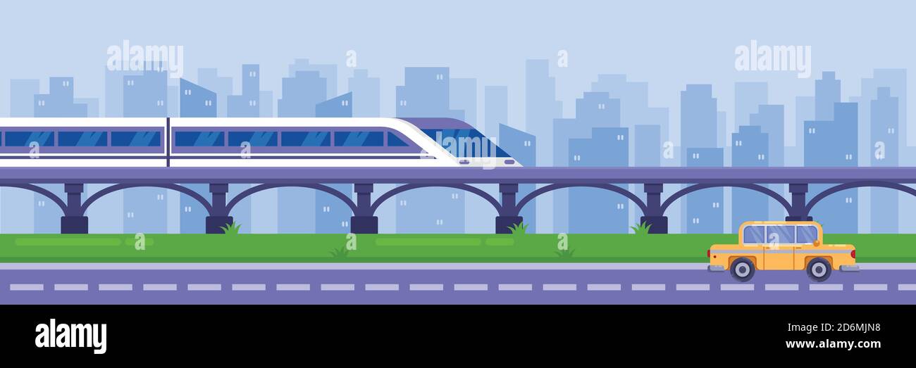 Moderner Hochgeschwindigkeitszug auf Eisenbahnbrücke. Eisenbahn-Personenverkehr, Vektor-Illustration. Eisenbahn Reise- und Reisekonzept. Stock Vektor