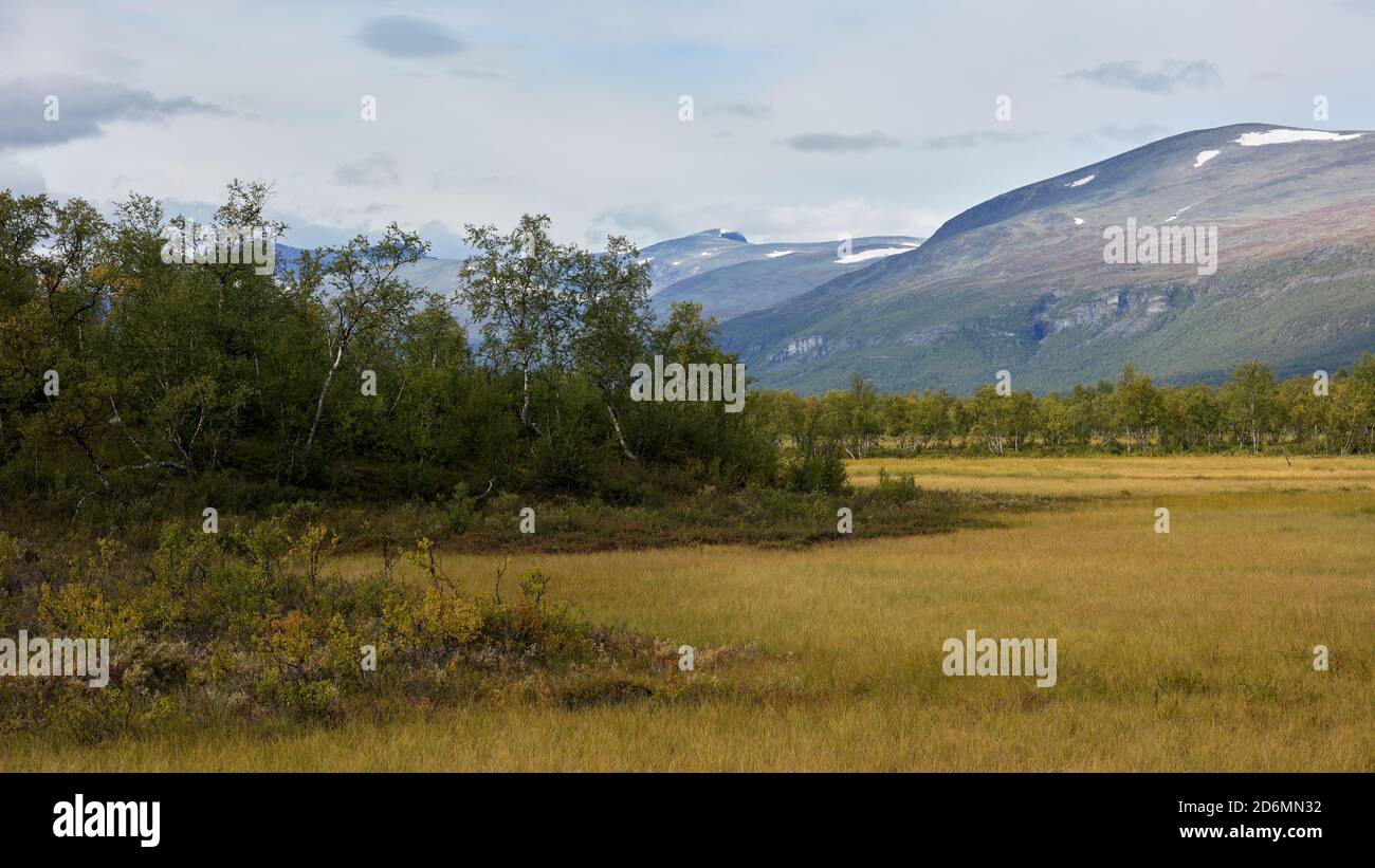 Blick hinunter Unna Räita Tal in Richtung Vistas Tal in Kebnekaise Berge, Norrbotten, Schweden Stockfoto