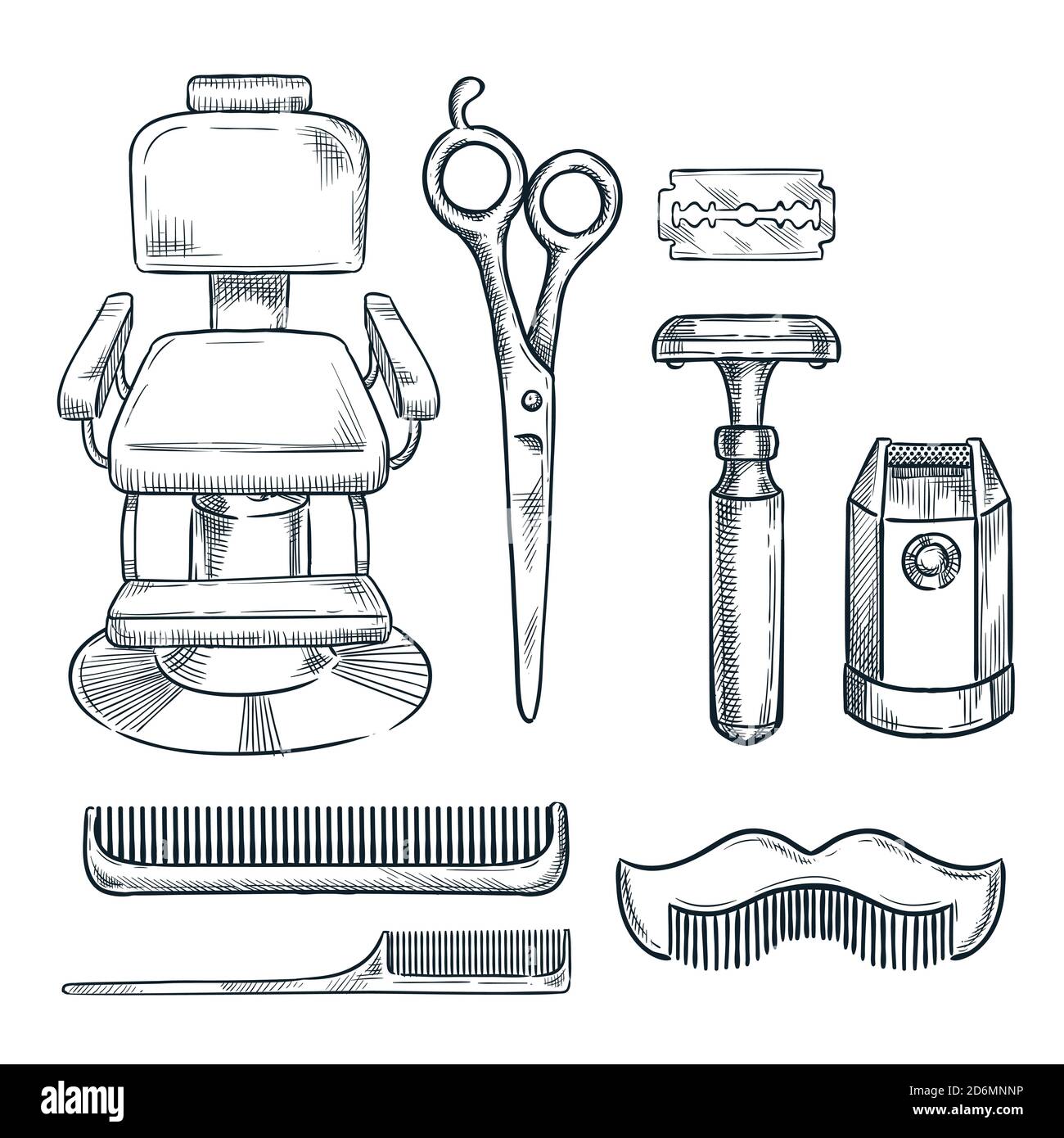Barbershop vintage Werkzeuge und Ausrüstung Vektor Skizze Illustration. Handgezeichnete Ikonen und Designelemente für Herren Friseur oder Salon. Stock Vektor