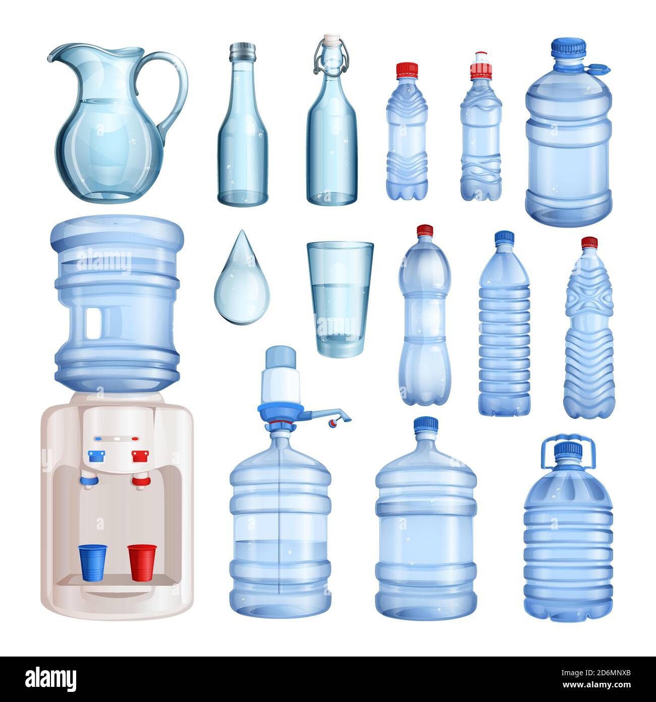 Wasser in Kunststoff- und Glasflaschen. Vektor isolierte Objekte gesetzt. Abbildung: Reines Mineralwasser. Stock Vektor