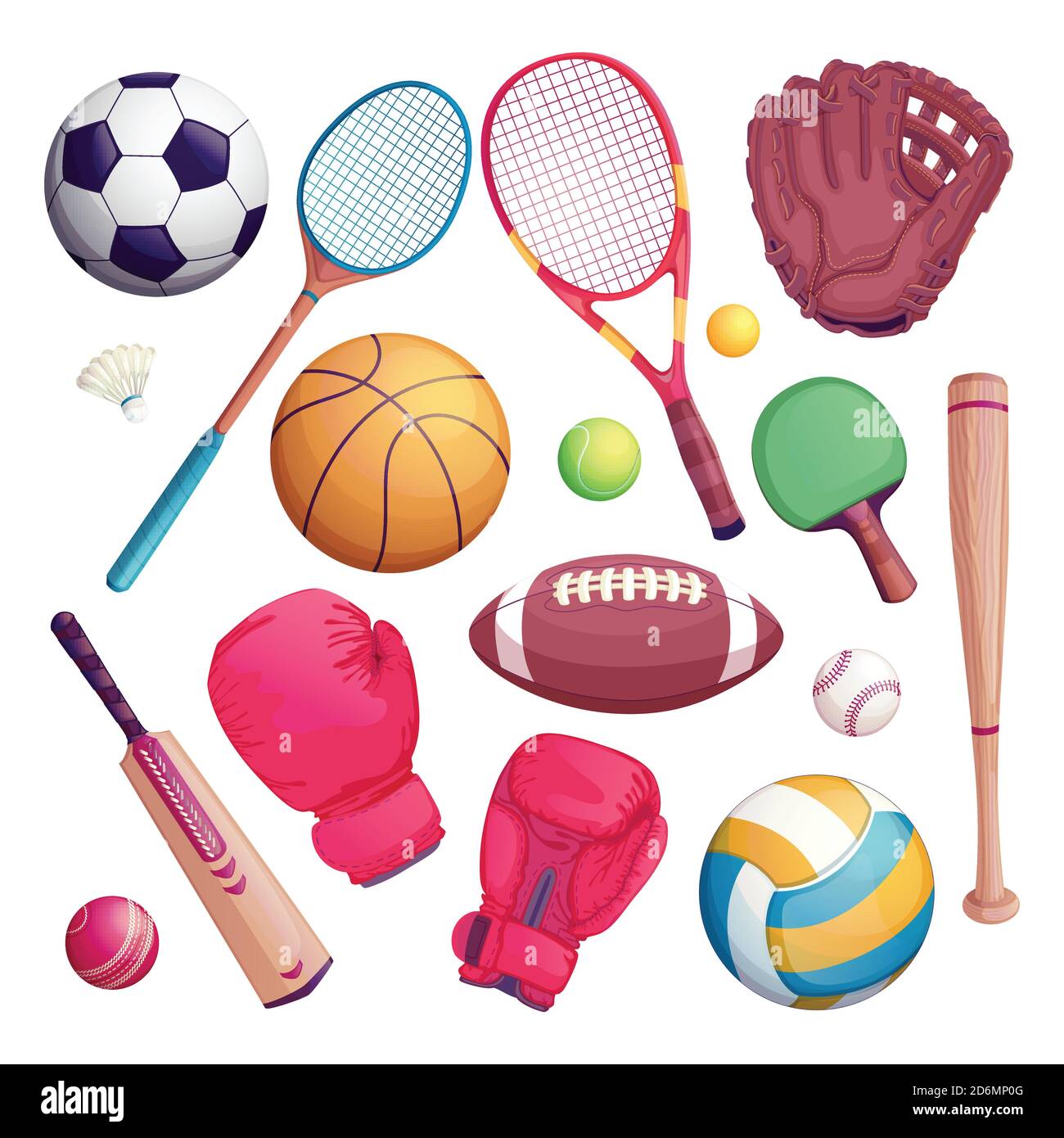 Sportgeräte isolieren Objekte. Vektor-Cartoon-Illustration von Fußball, Fußball, Tennis, Cricket, Baseball-Spiel Symbole. Stock Vektor