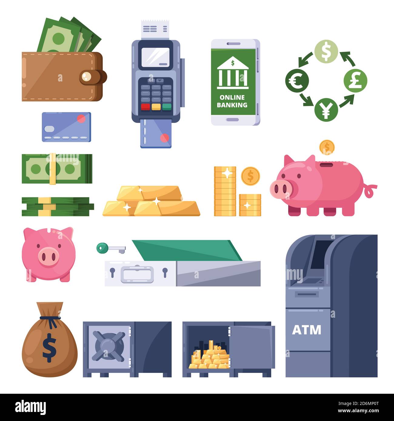 Geldsymbole eingestellt. Isoliertes Symbol für Finanzen, Banken, Investitionen und Handel. Geldautomat, Terminal, Dollar, Sparschwein und Safe Illustration Stock Vektor