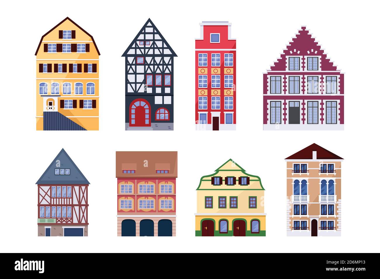 Europa alte Stadthäuser. Gebäudevektor flach isoliert Illustration. Design-Elemente der Stadtarchitektur. Stock Vektor