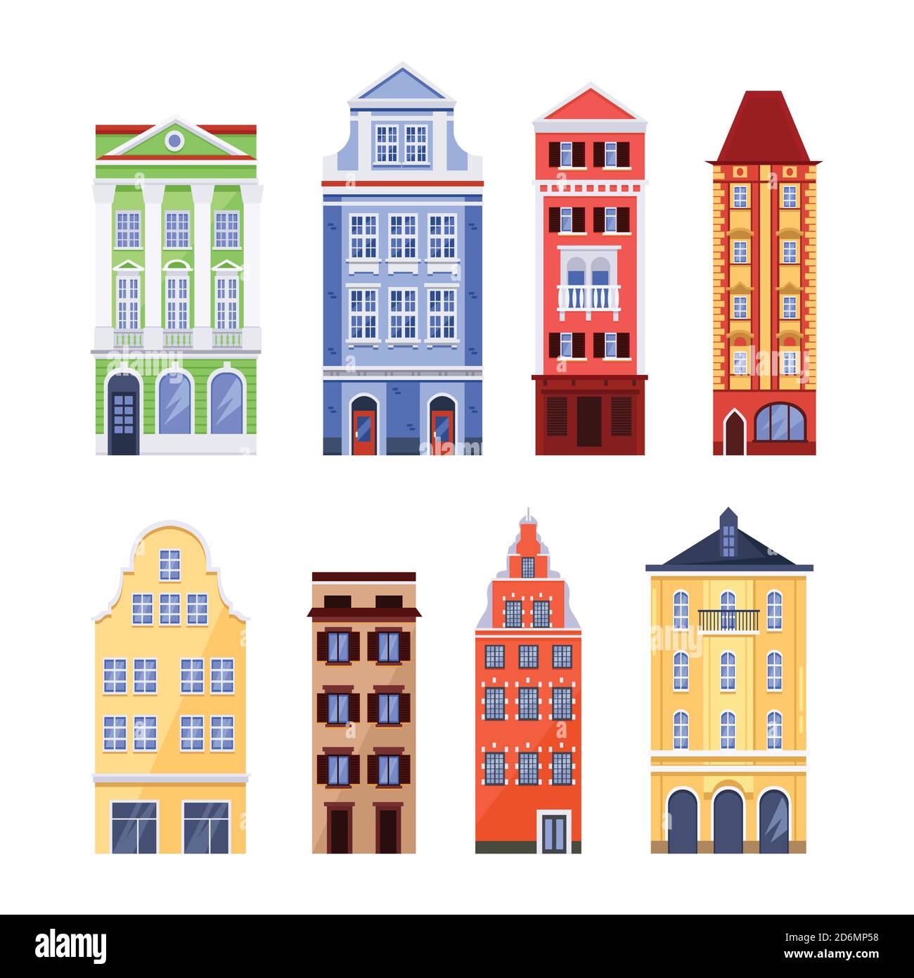 Alte bunte Gebäude, Vektor flach isoliert Illustration. Europäische traditionelle Hausfassaden. Design-Elemente der Stadtarchitektur. Stock Vektor