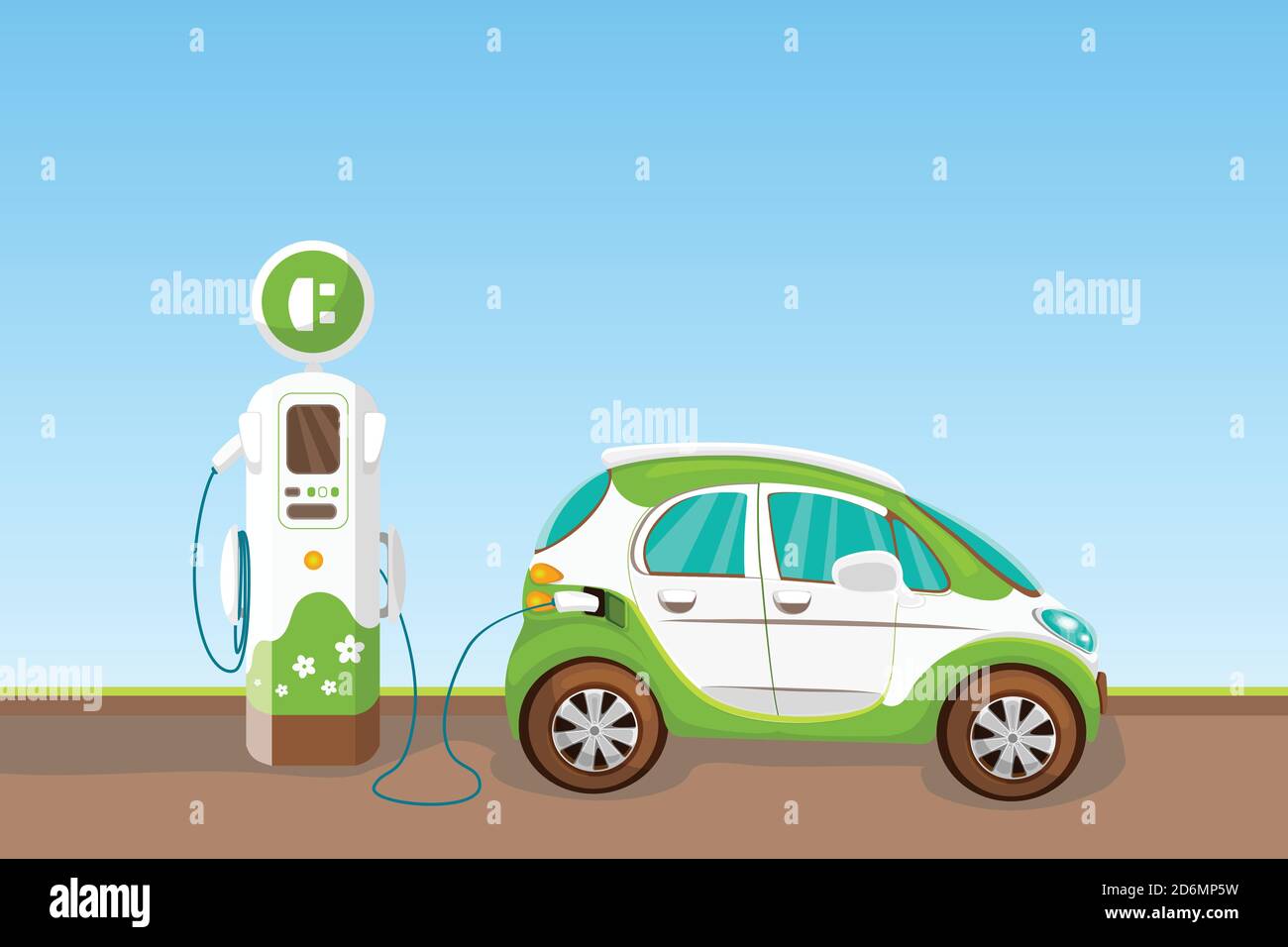 Elektrofahrzeug und Ladestation. Eco Auto Vektor Cartoon Illustration. Ökologischer Transport und Konzept der grünen Energie. Stock Vektor