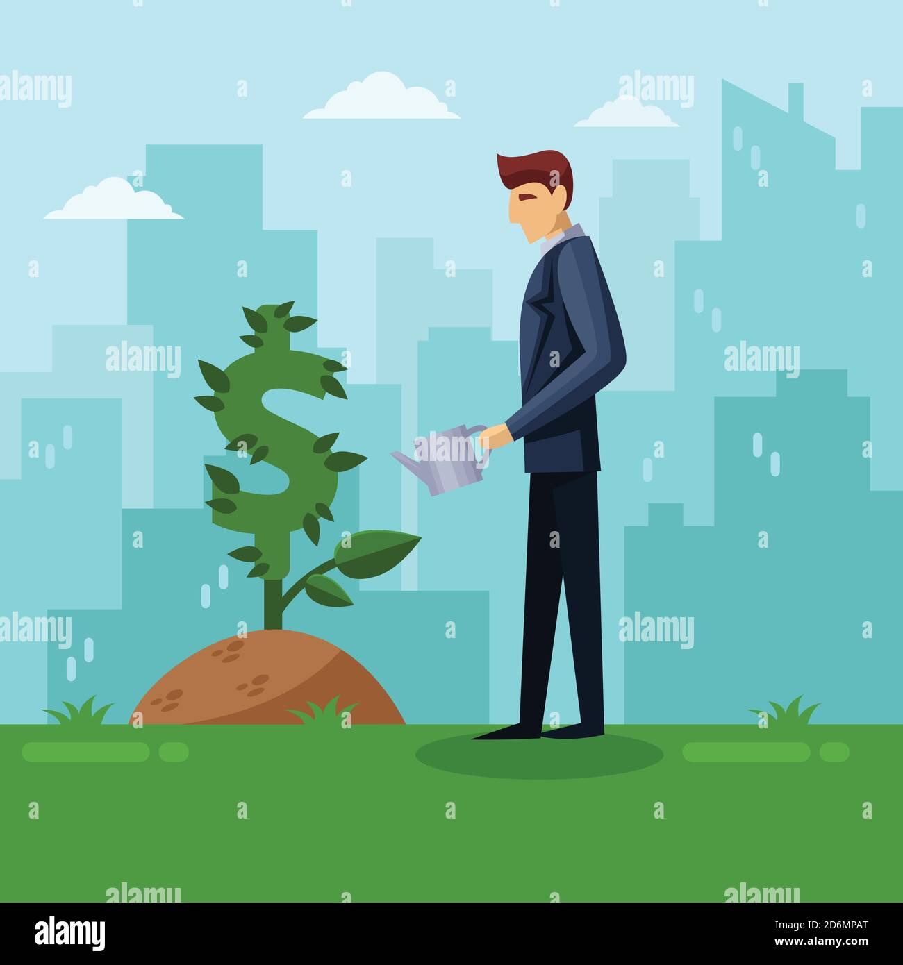 Geschäftsmann wässern grünen Dollar Pflanze. Business-Konzept für Investitionen und Finanzwachstum. Vektorgrafik flach. Der wachsende Geldbaum auf der Stadt backgrou Stock Vektor