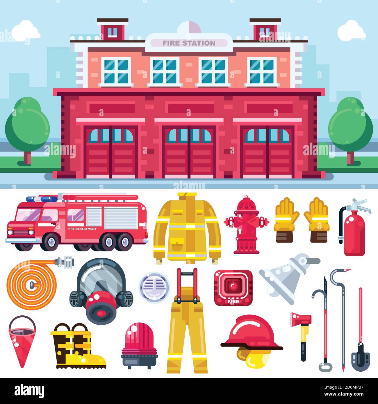 Vektorsymbole für die Brandbekämpfungsausrüstung eingestellt. Stadtfeuerwache Illustration. Feuerlöscher, Alarmanlage, Hydrant, Feuerwehrmänner Uniform und Auto isoliert o Stock Vektor