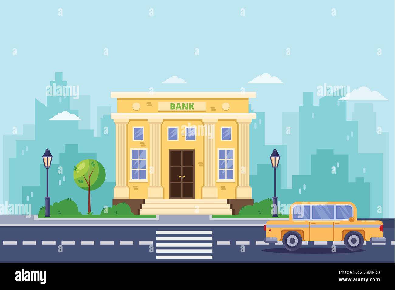 Bankgebäude, Vektorgrafik flach. Banken und Finanzdienstleistungen. Stadtstraße, Stadtlandschaft Hintergrund Stock Vektor