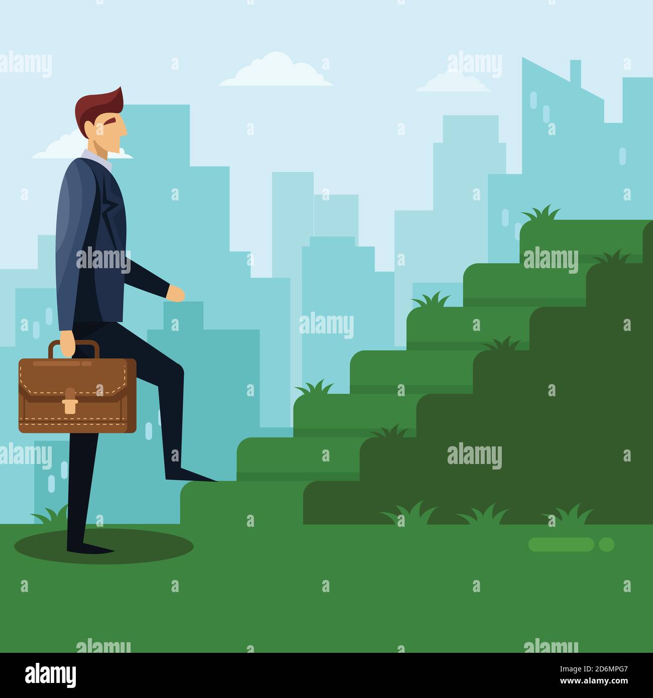 Geschäftsmann mit Aktentasche steigt die grüne Grastreppe. Karriere, Job und Erfolg Geschäftskonzept. Vektorgrafik flach. Der Mensch geht wachsende Schritte Stock Vektor