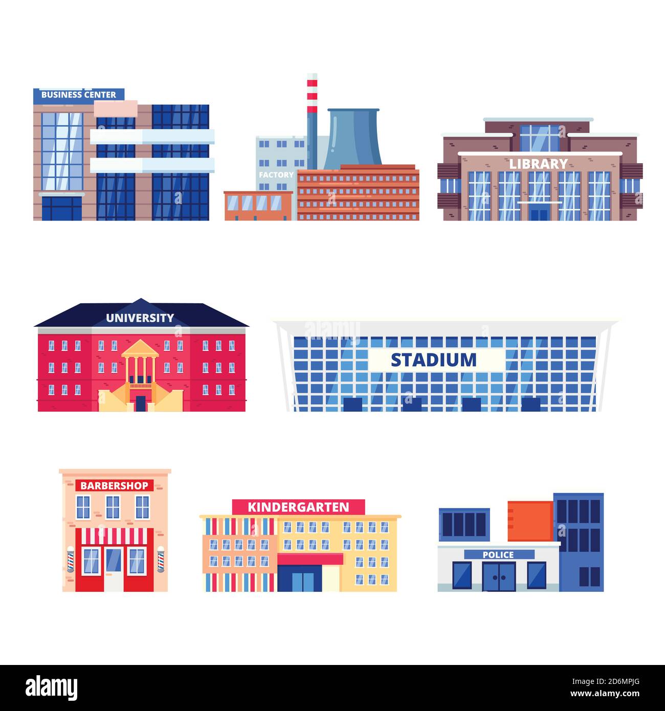 Stadt nicht-Wohngebäude, Vektor-Symbole gesetzt. Kommunale Immobilien-Objekte isoliert auf weißem Hintergrund. Business Center, Fabrik, Universität und Stock Vektor