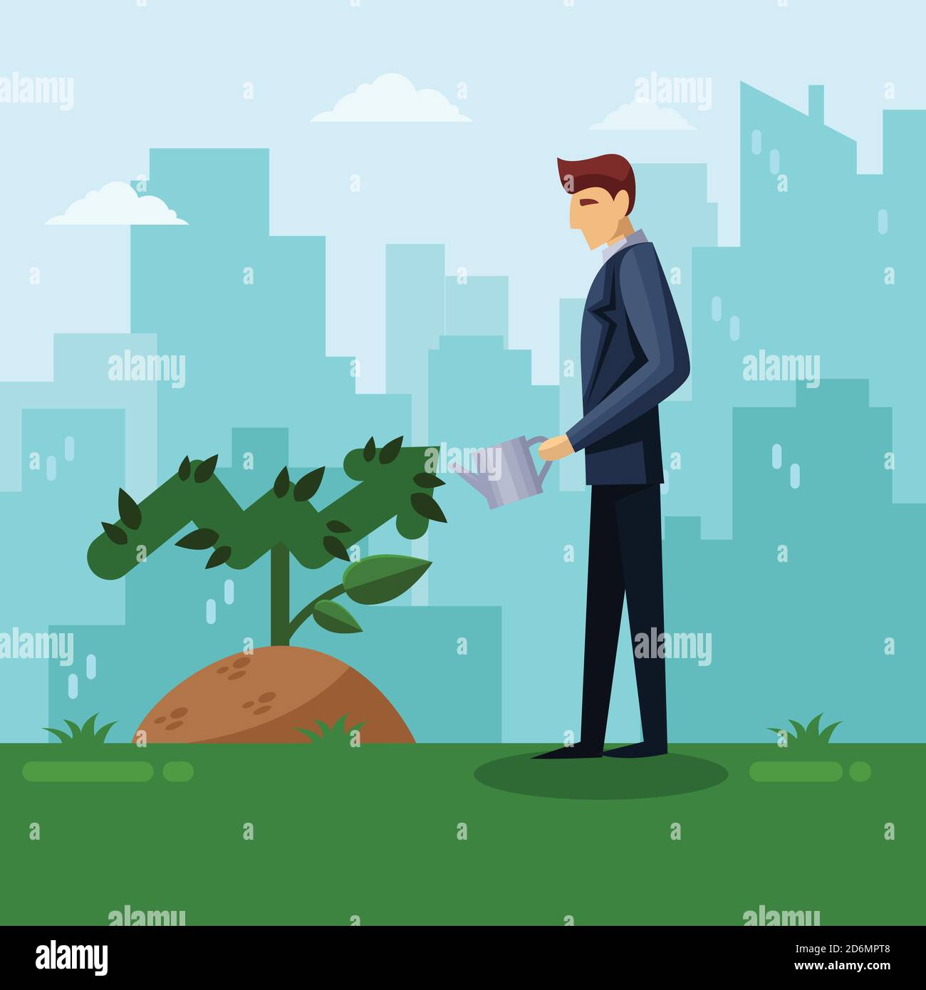 Geschäftsmann Bewässerung grünen Pfeil Pflanze. Wachstumsinvestition und Entwicklung Geschäftskonzept. Vektorgrafik flach. Wachsender Kartenbaum auf Stadtrückg Stock Vektor