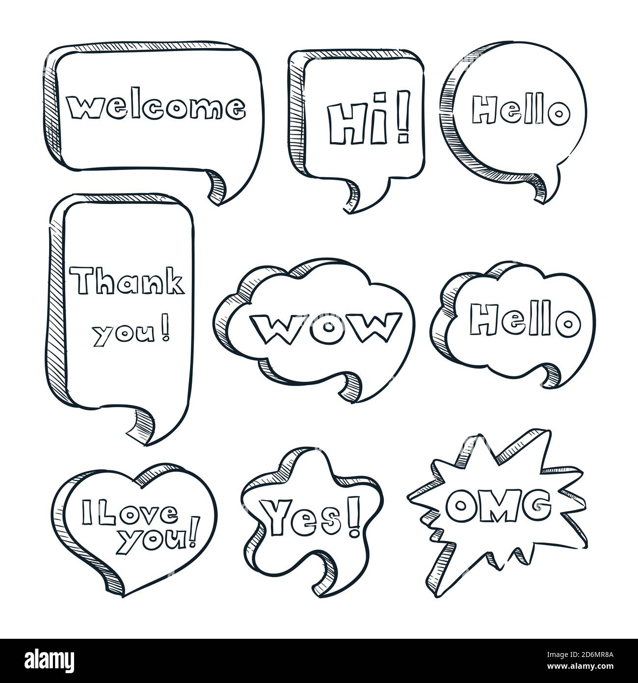 Sprechblasen mit Wörtern und Phrasen, Vektorskizze Illustration. Handgezeichnete Comic-Text Wolken mit Nachrichten. Dialogsymbole, Sticker und Design eleme Stock Vektor