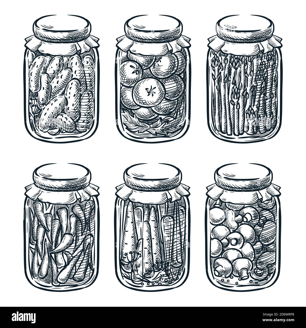 Eingelegtes Gemüse und Pilze im Glas, Vektor-Skizze Illustration. Home Made bewahrt handgezeichnete Design-Elemente. Stock Vektor