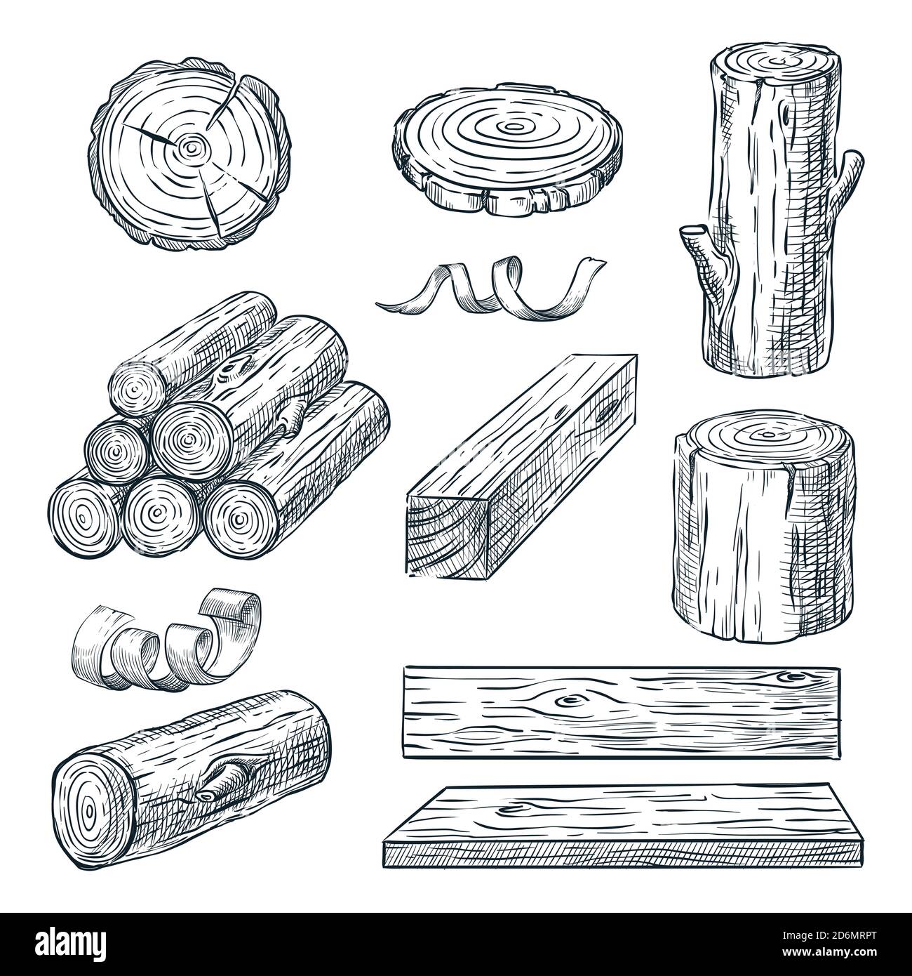 Holzstämme, Stamm und Planken, Vektor-Skizzendarstellung. Handgezeichnete Holzmaterialien. Brennholz-Set. Stock Vektor